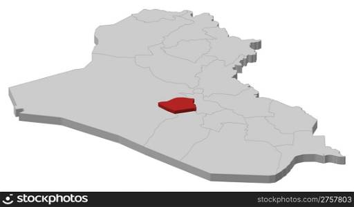 Map of Iraq, Karbala highlighted. Political map of Iraq with the several governorates where Karbala is highlighted.