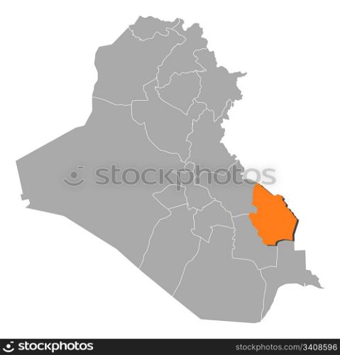 Map of Iraq, Maysan highlighted. Political map of Iraq with the several governorates where Maysan is highlighted.