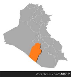 Map of Iraq, Najaf highlighted. Political map of Iraq with the several governorates where Najaf is highlighted.