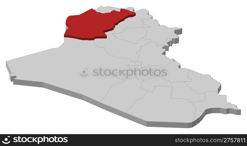 Map of Iraq, Ninawa highlighted. Political map of Iraq with the several governorates where Ninawa is highlighted.