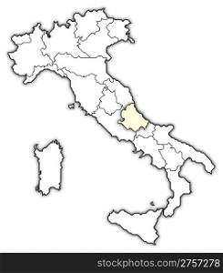 Map of Italy, Abruzzo highlighted. Political map of Italy with the several regions where Abruzzo is highlighted.