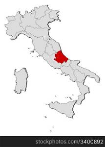 Map of Italy, Abruzzo highlighted. Political map of Italy with the several regions where Abruzzo is highlighted.