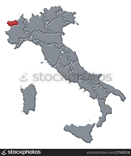 Map of Italy, Aosta Valley highlighted. Political map of Italy with the several regions where Aosta Valley is highlighted.
