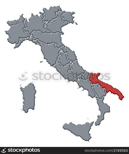 Map of Italy, Apulia highlighted. Political map of Italy with the several regions where Apulia is highlighted.