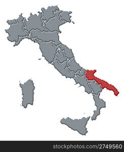 Map of Italy, Apulia highlighted. Political map of Italy with the several regions where Apulia is highlighted.