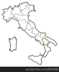 Map of Italy, Basilicata highlighted. Political map of Italy with the several regions where Basilicata is highlighted.