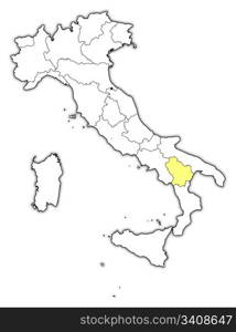 Map of Italy, Basilicata highlighted. Political map of Italy with the several regions where Basilicata is highlighted.