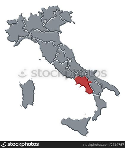 Map of Italy, Campania highlighted. Political map of Italy with the several regions where Campania is highlighted.