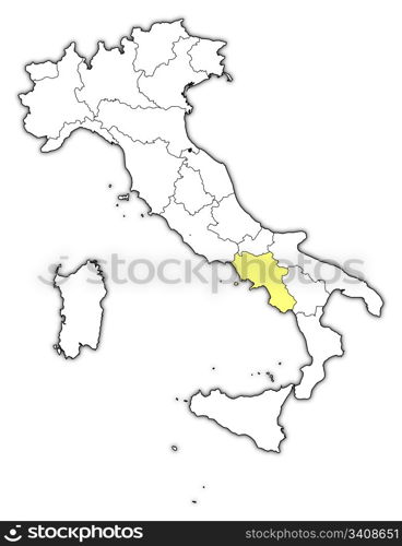 Map of Italy, Campania highlighted. Political map of Italy with the several regions where Campania is highlighted.