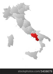 Map of Italy, Campania highlighted. Political map of Italy with the several regions where Campania is highlighted.
