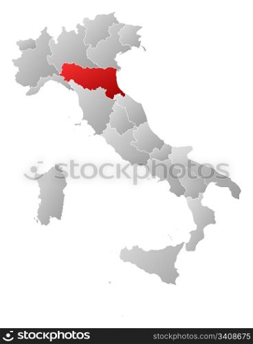 Map of Italy, Emilia-Romagna highlighted. Political map of Italy with the several regions where Emilia-Romagna is highlighted.