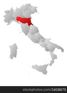 Map of Italy, Emilia-Romagna highlighted. Political map of Italy with the several regions where Emilia-Romagna is highlighted.