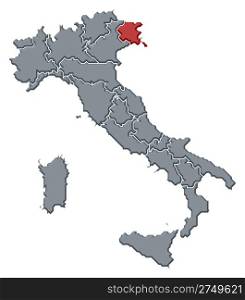 Map of Italy, Friuli-Venezia Giulia highlighted. Political map of Italy with the several regions where Friuli-Venezia Giulia is highlighted.