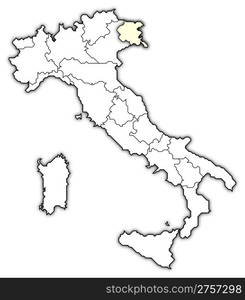 Map of Italy, Friuli-Venezia Giulia highlighted. Political map of Italy with the several regions where Friuli-Venezia Giulia is highlighted.