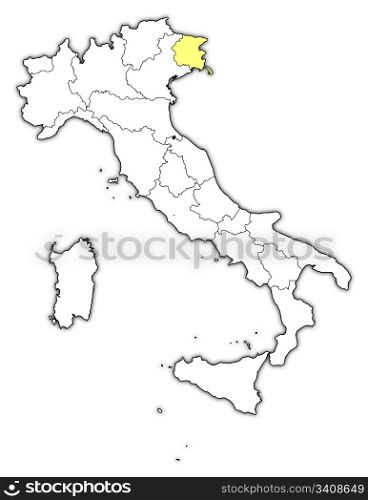 Map of Italy, Friuli-Venezia Giulia highlighted. Political map of Italy with the several regions where Friuli-Venezia Giulia is highlighted.