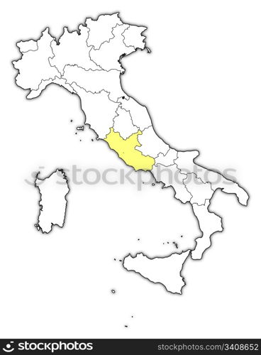 Map of Italy, Lazio highlighted. Political map of Italy with the several regions where Lazio is highlighted.