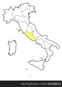 Map of Italy, Lazio highlighted. Political map of Italy with the several regions where Lazio is highlighted.