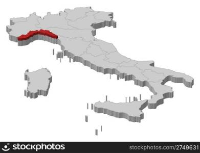 Map of Italy, Liguria highlighted. Political map of Italy with the several regions where Liguria is highlighted.