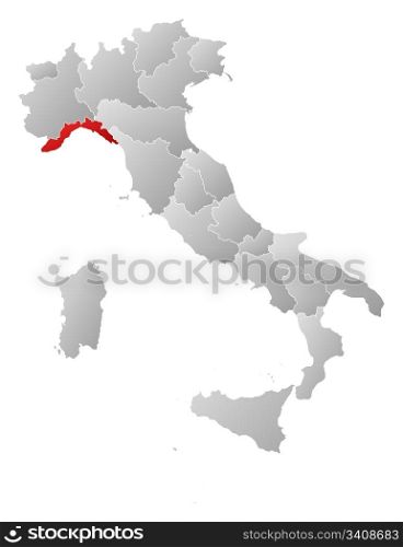 Map of Italy, Liguria highlighted. Political map of Italy with the several regions where Liguria is highlighted.