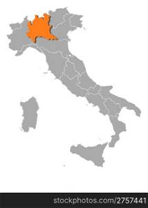 Map of Italy, Lombardy highlighted. Political map of Italy with the several regions where Lombardy is highlighted.