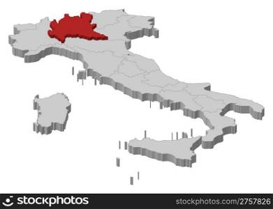 Map of Italy, Lombardy highlighted. Political map of Italy with the several regions where Lombardy is highlighted.