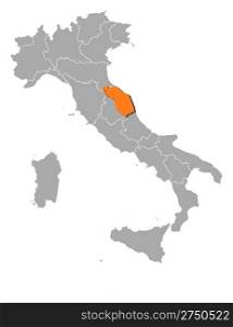 Map of Italy, Marche highlighted. Political map of Italy with the several regions where Marche is highlighted.
