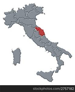 Map of Italy, Marche highlighted. Political map of Italy with the several regions where Marche is highlighted.