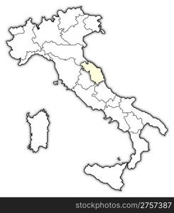 Map of Italy, Marche highlighted. Political map of Italy with the several regions where Marche is highlighted.