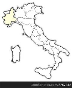 Map of Italy, Piemont highlighted. Political map of Italy with the several regions where Piemont is highlighted.
