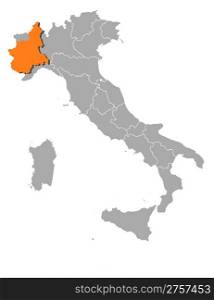 Map of Italy, Piemont highlighted. Political map of Italy with the several regions where Piemont is highlighted.