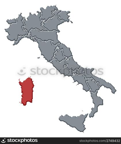 Map of Italy, Sardinia highlighted. Political map of Italy with the several regions where Sardinia is highlighted.