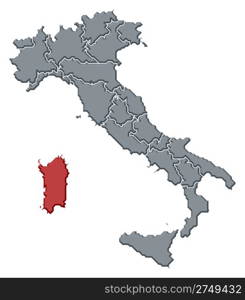 Map of Italy, Sardinia highlighted. Political map of Italy with the several regions where Sardinia is highlighted.