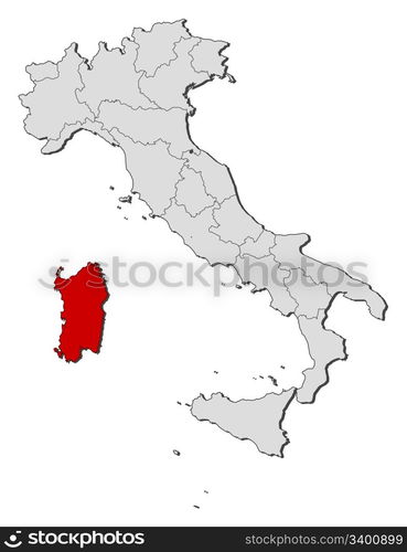 Map of Italy, Sardinia highlighted. Political map of Italy with the