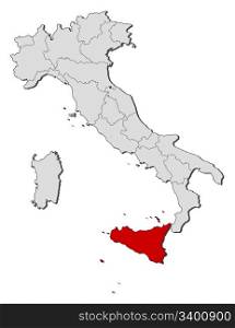 Map of Italy, Secely highlighted. Political map of Italy with the several regions where Sicily is highlighted.
