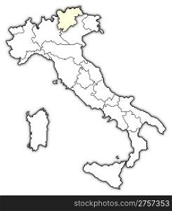 Map of Italy, Trentino-Alto Adige/Sudtirol highlighted. Political map of Italy with the several regions where Trentino-Alto Adige/Sudtirol is highlighted.