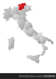 Map of Italy, Trentino-Alto Adige/Sudtirol highlighted. Political map of Italy with the several regions where Trentino-Alto Adige/Sudtirol is highlighted.