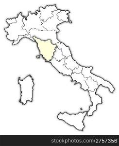 Map of Italy, Tuscany highlighted. Political map of Italy with the several regions where Tuscany is highlighted.