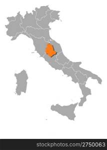 Map of Italy, Umbria highlighted. Political map of Italy with the several regions where Umbria is highlighted.