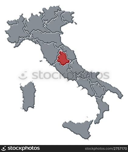 Map of Italy, Umbria highlighted. Political map of Italy with the several regions where Umbria is highlighted.