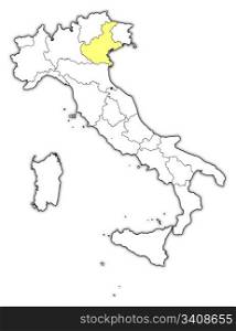 Map of Italy, Veneto highlighted. Political map of Italy with the several regions where Veneto is highlighted.