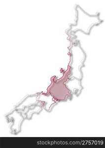 Map of Japan, Chubu highlighted. Political map of Japan with the several regions where Chubu is highlighted.
