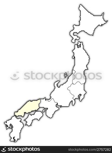 Map of Japan, Chugoku highlighted. Political map of Japan with the several regions where Chugoku is highlighted.