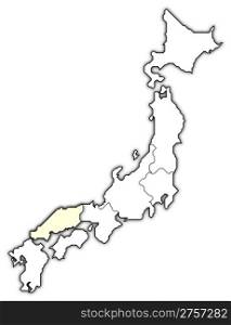 Map of Japan, Chugoku highlighted. Political map of Japan with the several regions where Chugoku is highlighted.