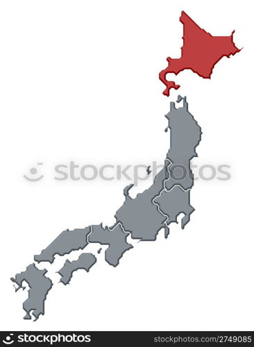 Map of Japan, Hokkaido highlighted. Political map of Japan with the several regions where Hokkaido is highlighted.