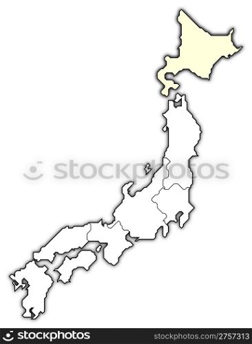Map of Japan, Hokkaido highlighted. Political map of Japan with the several regions where Hokkaido is highlighted.