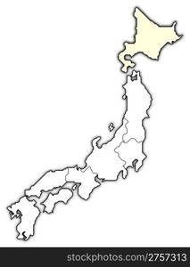 Map of Japan, Hokkaido highlighted. Political map of Japan with the several regions where Hokkaido is highlighted.