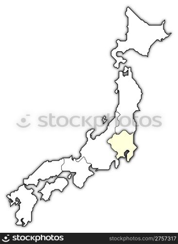 Map of Japan, Kanto highlighted. Political map of Japan with the several regions where Kanto is highlighted.