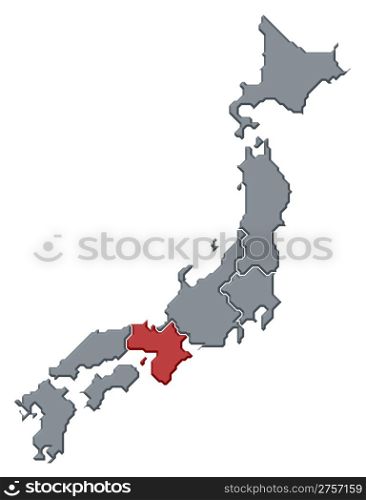 Map of Japan, Kinki highlighted. Political map of Japan with the several regions where Kinki is highlighted.