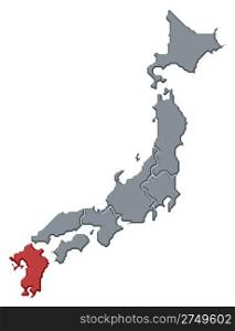 Map of Japan, Kyushu-Okinawa highlighted. Political map of Japan with the several regions where Kyushu-Okinawa is highlighted.