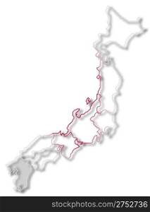 Map of Japan, Kyushu-Okinawa highlighted. Political map of Japan with the several regions where Kyushu-Okinawa is highlighted.